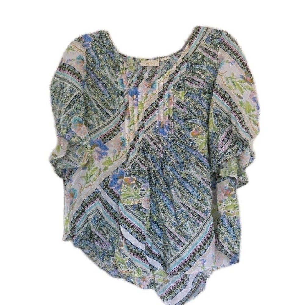 Maeve Anthropologie Maya Floral Print Flutter Sleeve Top Pleated Blouse Size 10